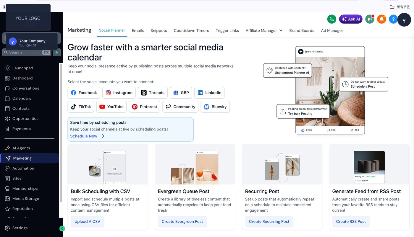 Marketing module — schedule posts to 9+ social channels