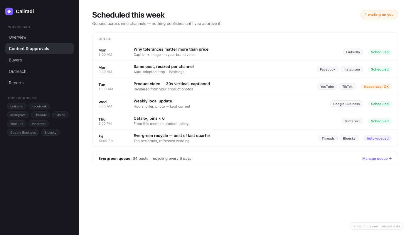 Scheduled posts screen — one week queued across nine social channels (product preview, sample data)
